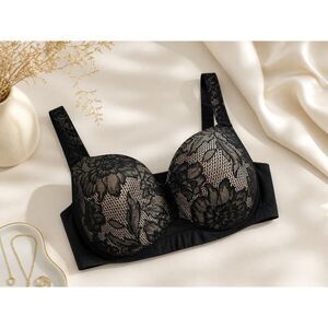 Cacique Lace Balconette Bra Black 42D Lightly Lined Underwire Supportive Sexy